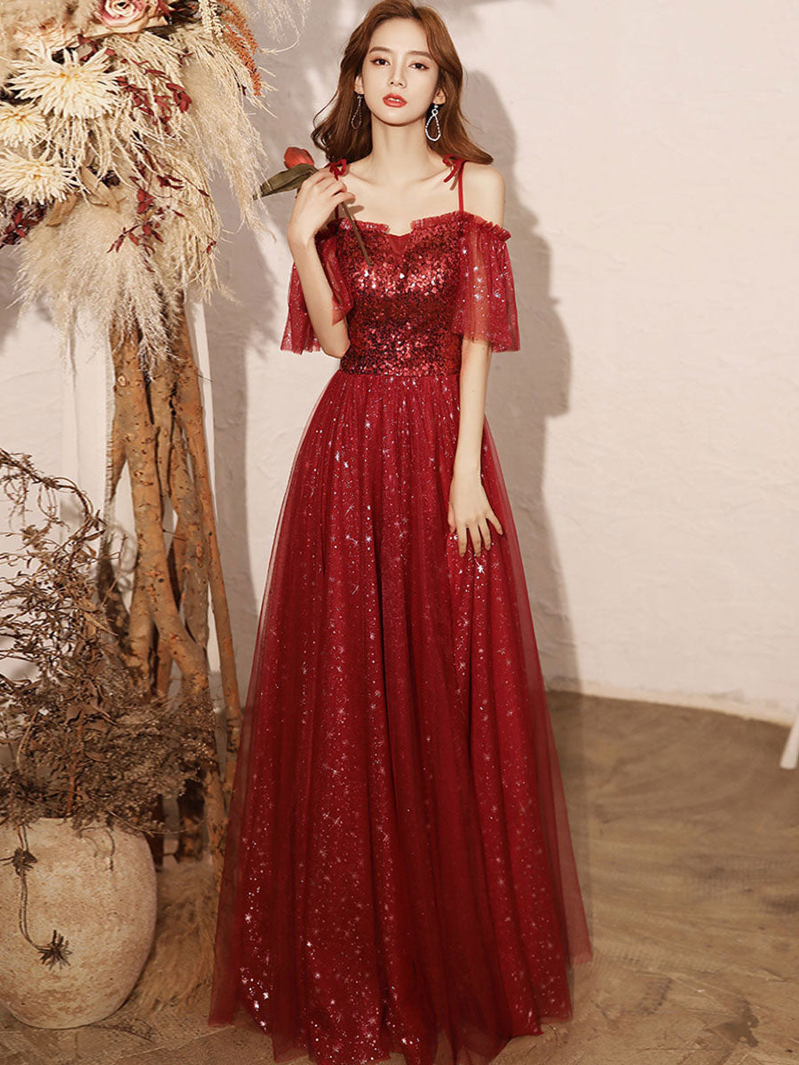 Burgundy Tulle Sequin Long Prom Dress Evening Dress Formal Dress Sa2061
