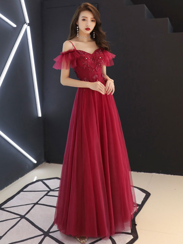 Simple Burgundy Tulle Lace Long Prom Dress Lace Formal Dress Sa2062