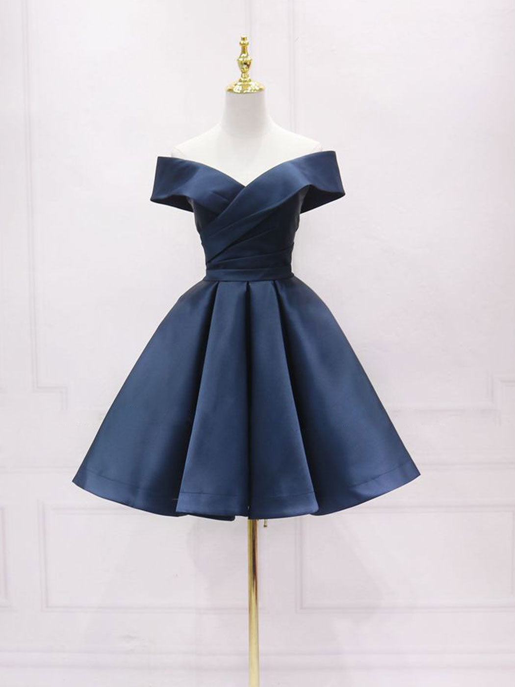 Blue Off Shoulder Satin Short Prom Dress Blue Bridesmaid Formal Dress Sa2073