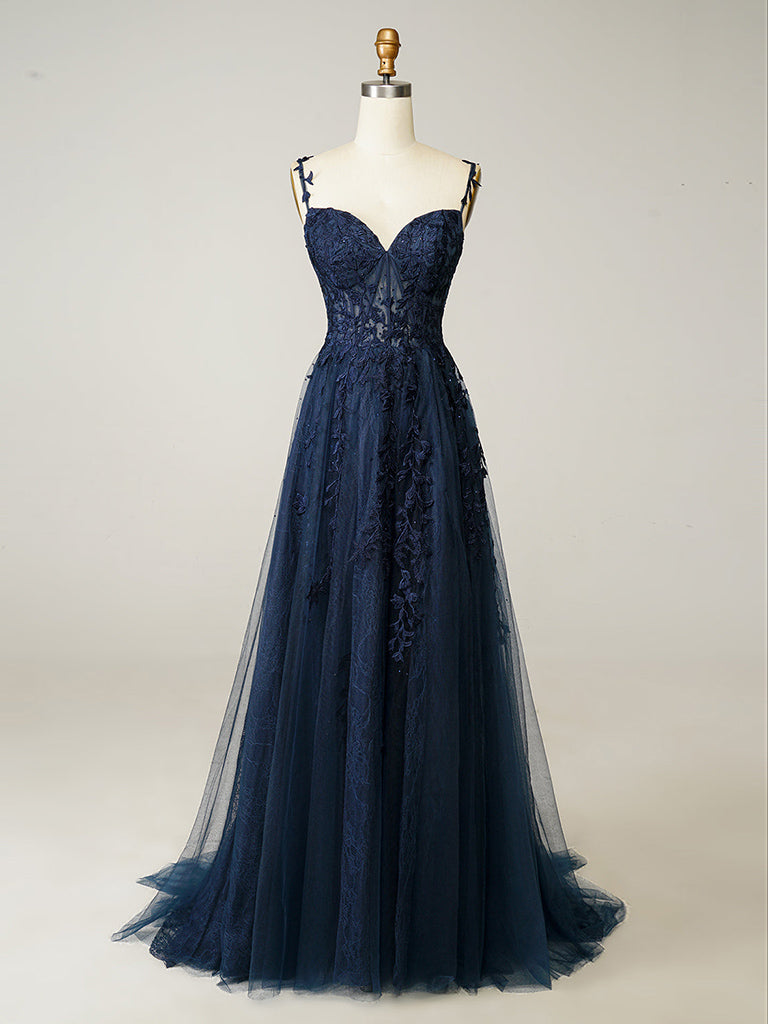 A-line Sweetheart Neck Tulle Lace Dark Blue Long Prom Dress Navy Blue Long Evening Formal Dress Sa2074