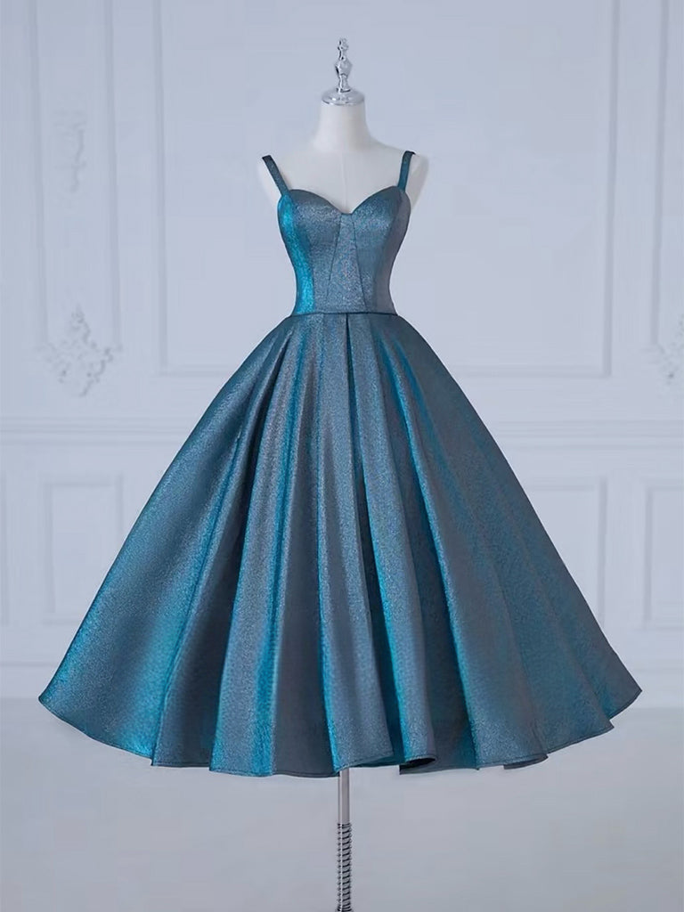 A-line Sweetheart Neck Satin Tea Length Blue Prom Dress Formal Dress Sa2075