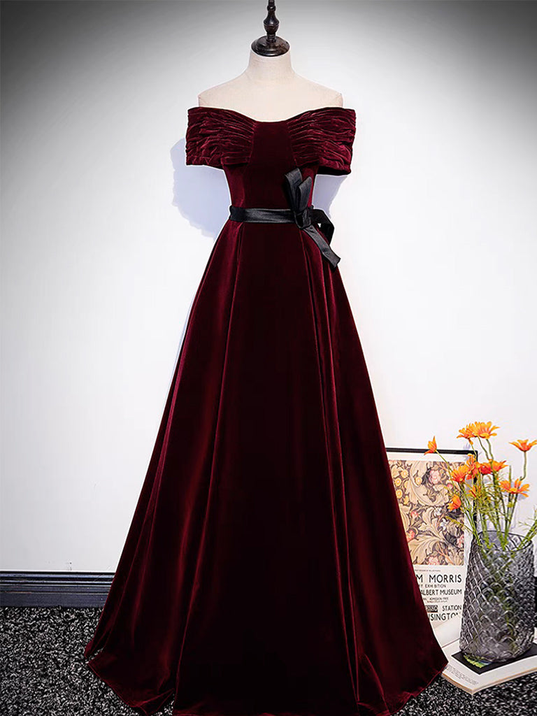 A-line Off Shoulder Velvet Burgundy Long Prom Dress Long Formal Dress Sa2076