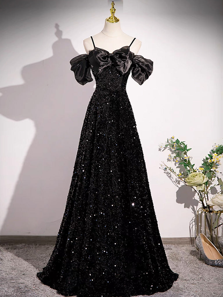 A-line Off Shoulder Velvet Sequin Long Black Prom Dress Long Evening Dress Sa2078