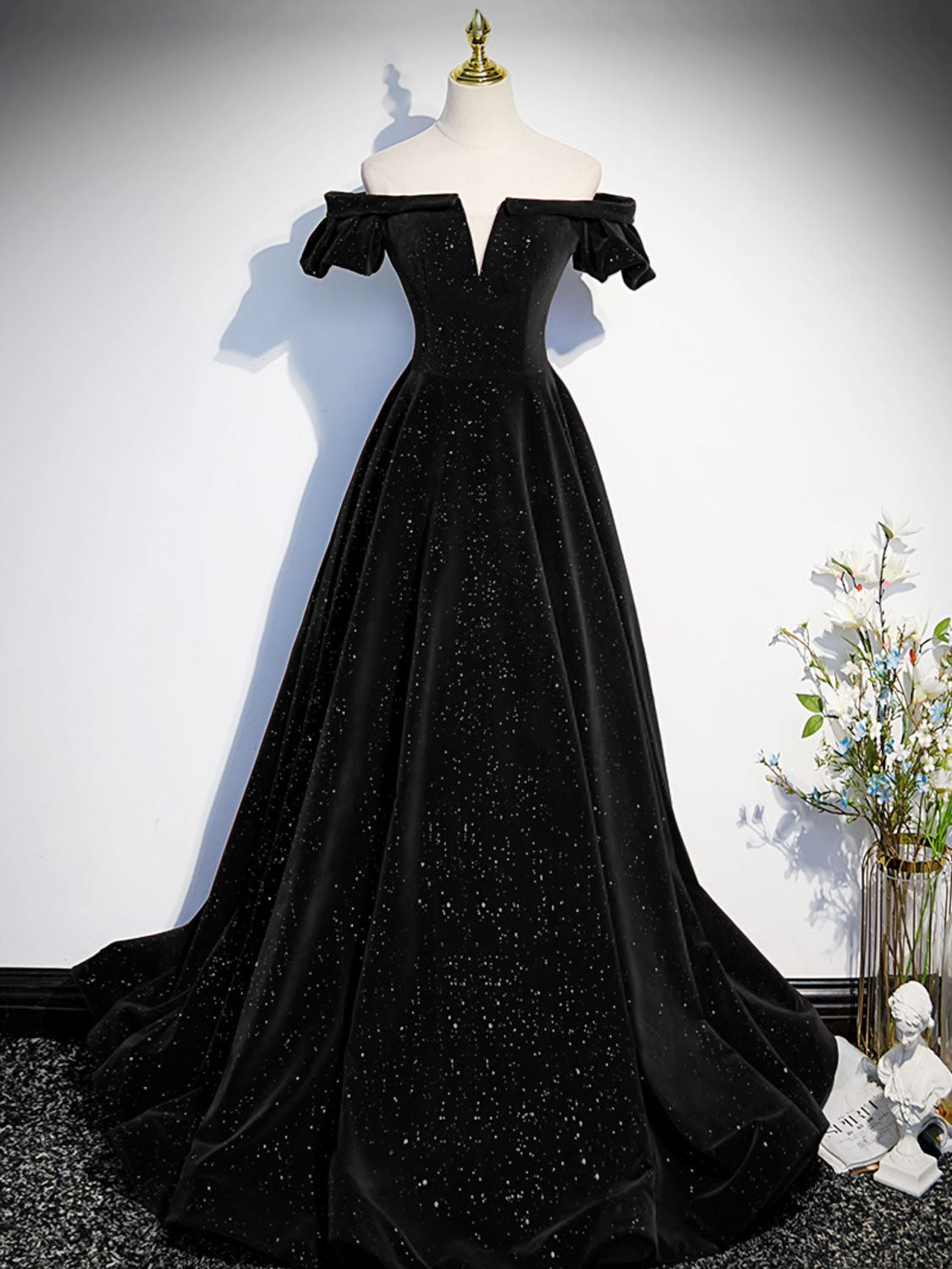Sparkling Black Velvet Gown with Off-Shoulder Design