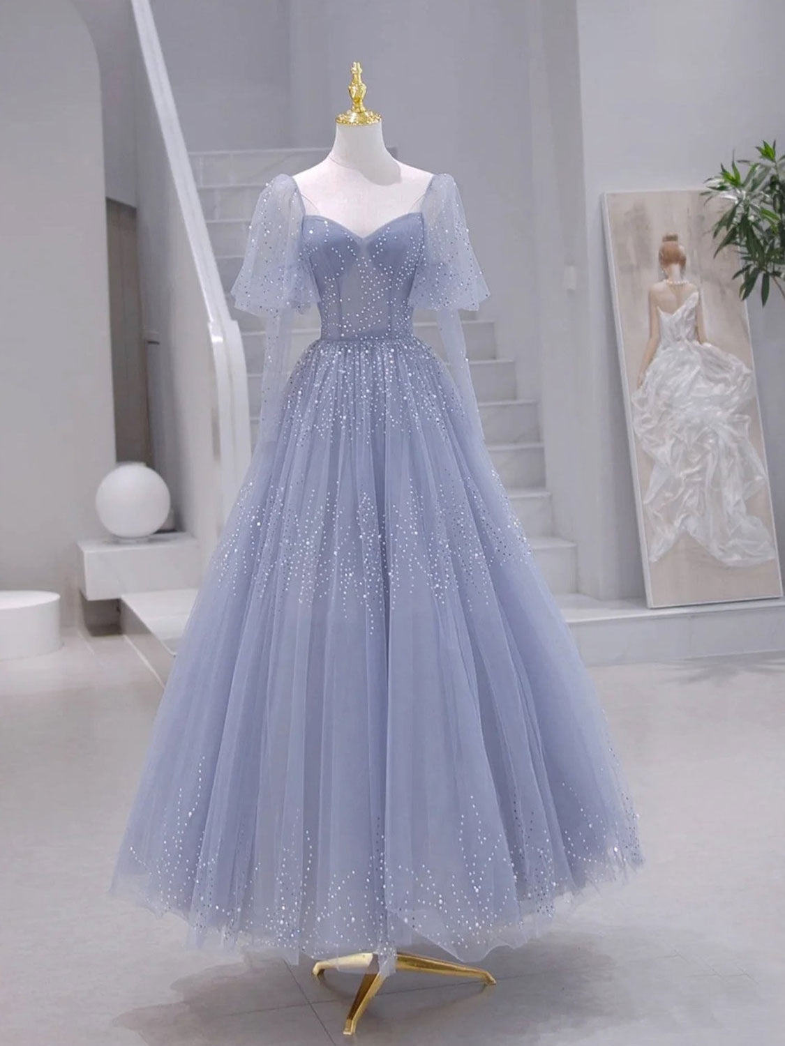 A-line Long Sleeves Beading Blue Long Prom Dress Formal Dress Sa2083