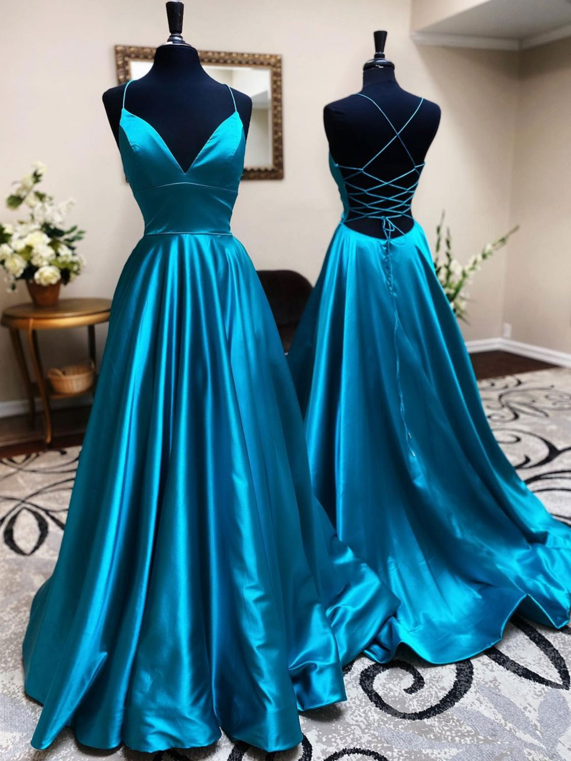 A-line Blue Satin Long Prom Dress Formal Evening Dresses Sa2085
