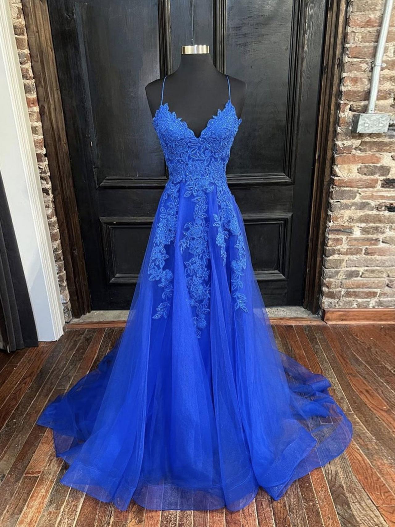 Blue V Neck Tulle Lace Long Prom Dress Tulle Evening Dress Sa2089