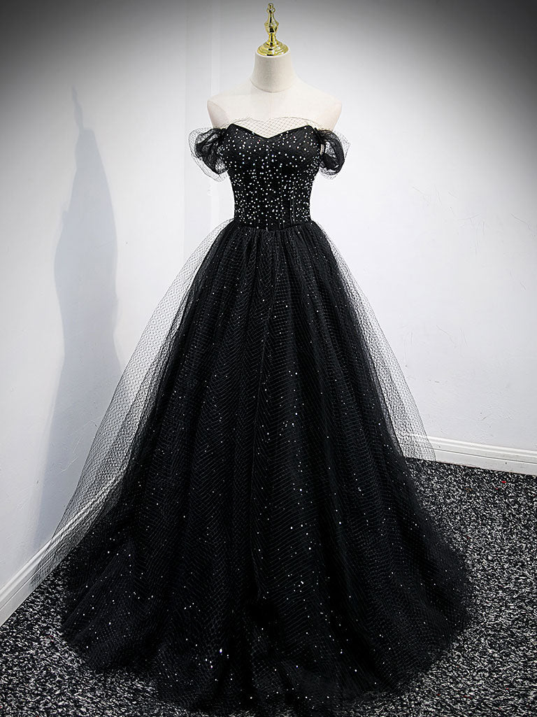 Black Tulle Sequin Long Prom Dress Tulle Formal Dress Sa2092