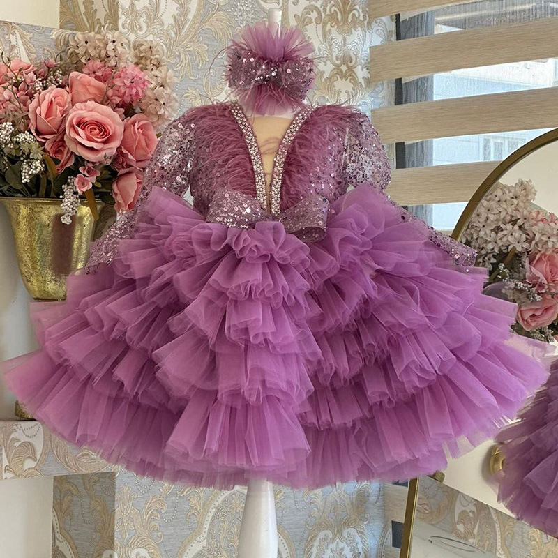 Princess Dress, Girl's Style Dress, V-neck Long-sleeved Little Girl's Dress, Children's Piano Performance Catwalk