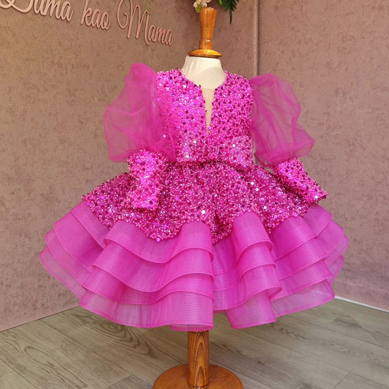 Princess Dress, Girl's Style Dress, Sequined Mesh, Puff Sleeves, Puffy Skirt, Rose Red Dress, Children's Performance Costume