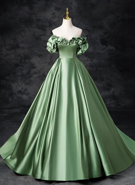Green Satin Off Shoulder Long Party Dress Formal Dress Sa2150