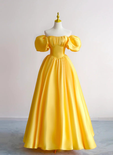 Yellow Satin Short Sleeves Party Dress Prom Dress Formal Dress Sa2156