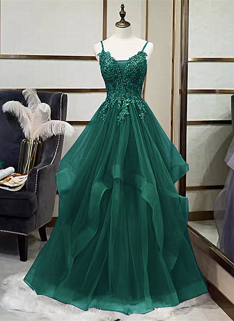 Green V-neckline Tulle With Lace Applique Prom Dress Formal Dress Sa2161