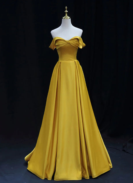 Yellow A-line Simple Satin Off Shoulder Prom Formal Dress Sa2164