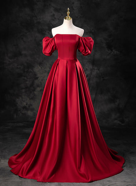 Red Satin A-line Short Sleeves Long Prom Dress Formal Dress Evening Dress Sa2193