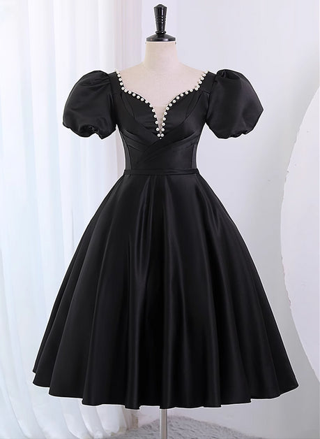 Black Satin Short Sleeves Knee Length Party Formal Dress Homecoming Dress Sa2204