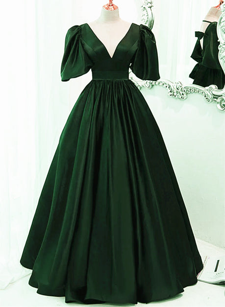Green Satin Short Sleeves Long Party Dress Floor Length Evening Dress Prom Formal Dress Sa2219