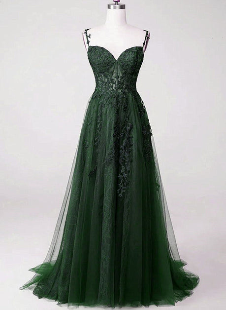Green Straps Tulle With Lace Party Dress Sweetheart Floor Length Prom Formal Dress Sa2224