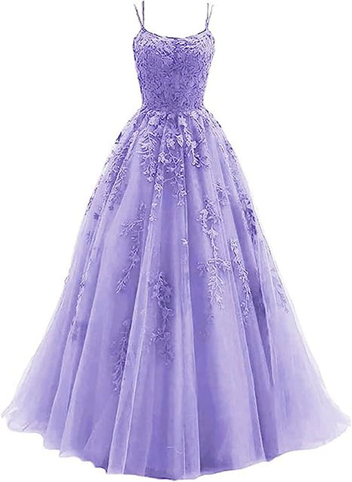 A-line Tulle With Lace Long Party Dress Formal Straps Lavender Prom Dress Sa2226