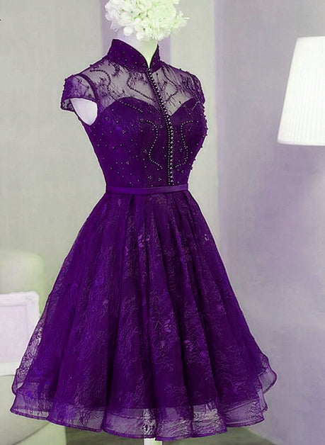 Purple Lace Knee Length Homecoming Dress Lace Short Prom Formal Dress Sa2227