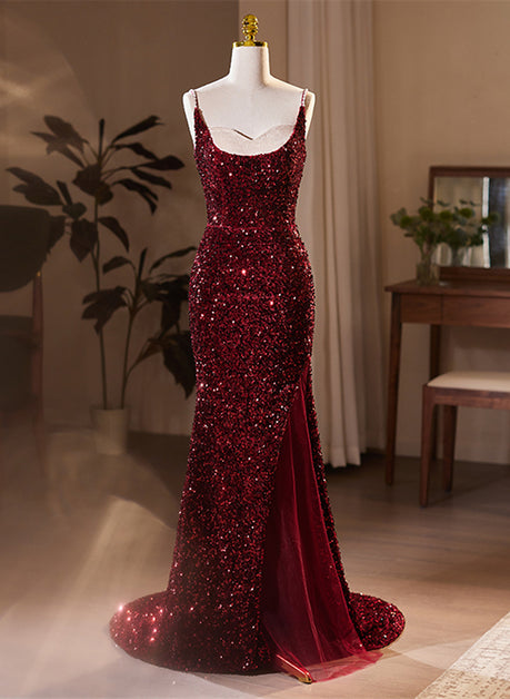 Wine Red Sequins Mermaid Long Formal Dress Evening Dress Party Dress Sa2229
