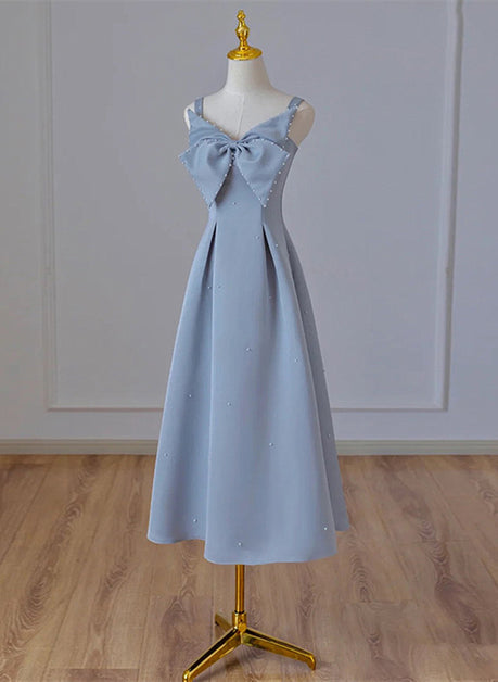 Blue Tea Length Satin Straps Formal Dress A-line Wedding Party Dress Sa2232