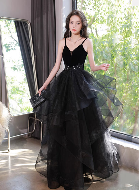 Black Tulle Straps V-neckline Beaded Long Formal Dress A-line Prom Dress Sa2235