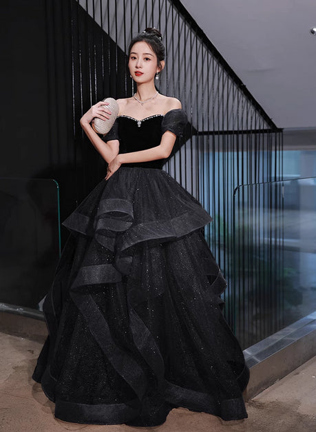Velvet And Tulle Off Shoulder Long Formal Dress Black Evening Dress Party Dress Sa2237
