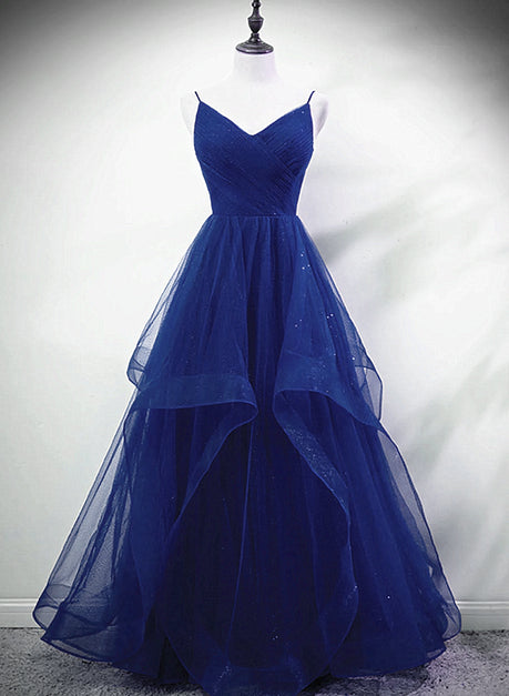 Blue A-line Straps Tulle Layers Long Party Dress Formal Long Prom Dress Sa2244