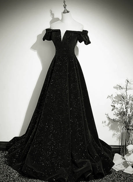 Black Off Shoulder Velvet Long Party Dress Prom Dress Formal Simple Evening Dress Sa2249