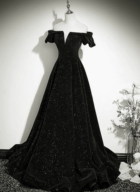black glitter velvet dress Final Sale Plus Size Glitter Off the Shoulder Velvet Gown with Side Slit in Black