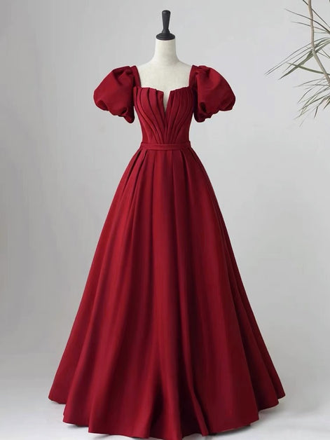 Wine Red Short Sleeves A-line Floor Length Party Dress Formal Long Prom Dress Sa2250