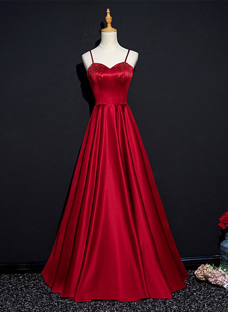 Wine Red Satin Beaded Sweetheart Party Dress A-line Formal Prom Dress Sa2256