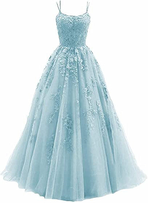 Light Blue Straps Cross Back Tulle With Lace Applique Prom Dress Formal Dress Sa2263