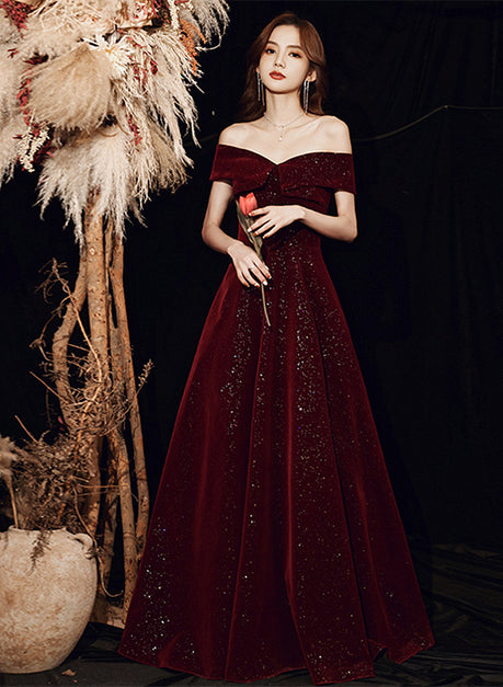 Off-shoulder Burgundy Gown With Glitter Details
