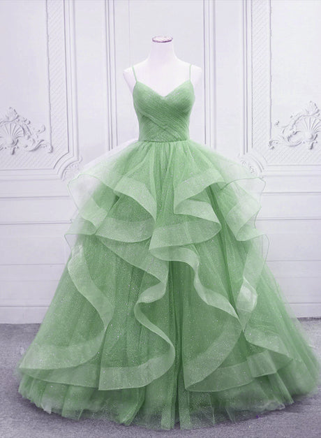 Light Green Layers Tulle Straps Long Formal Dress Foraml Dress Sweet 16 Gown Sa2268