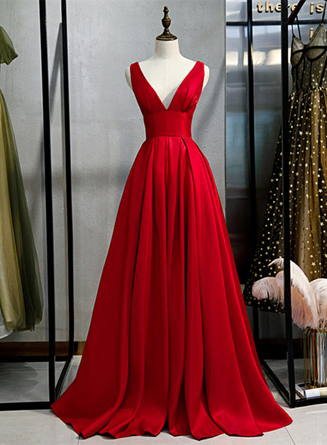 Red Satin Deep V-neckline Prom Gown Formal Dress Floor Length Evening Gown Sa2281