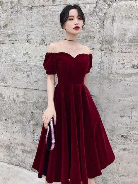 Lovely Wine Red Short Sleeves Velvet Homecoming Dress Prom Dress Formal Dress Sa2287