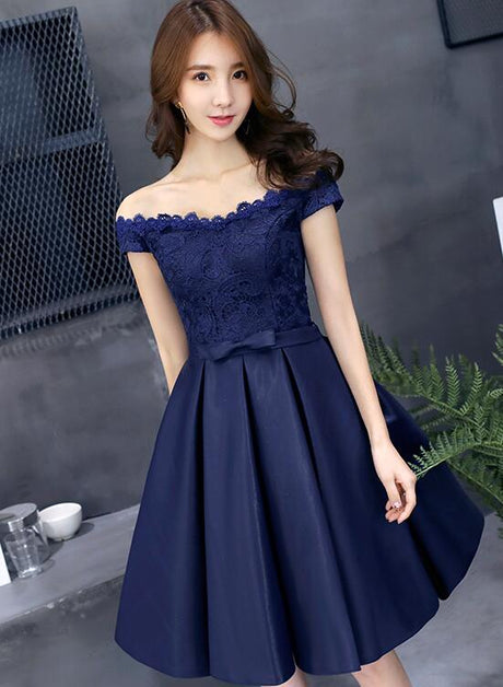 Navy Blue Lace And Satin Off Shoulder Party Dress With Bow Formal Homecoming Dresses Sa2290