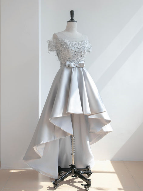 OK163 Lace Bodice Silver High Low Formal Dress