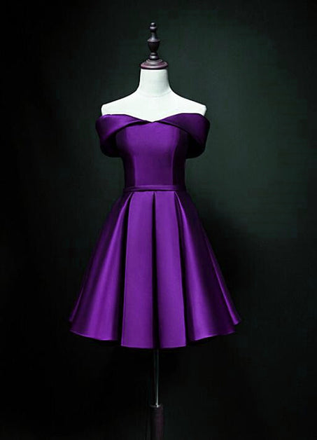 Purple Sweetheart Satin Off Shoulder Homecoming Dresses Formal Short Prom Dresses Sa2294