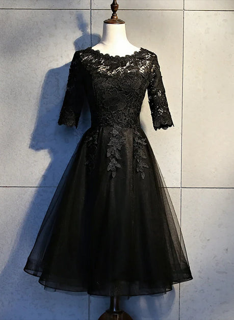 Black Lace And Tulle Short Sleeves Party Dresses Formal Dress Homecoming Dresses Sa2296