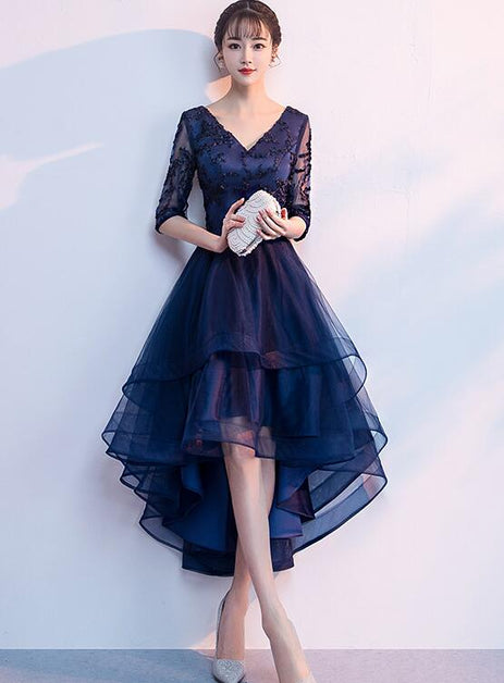 Navy Blue Lace And Tulle Layers V-neckline High Low Party Dress Lace Up Back Formal Short Prom Dress Sa2300