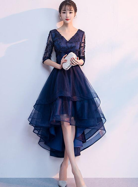 Navy Blue High-Low Lace Party Dress
