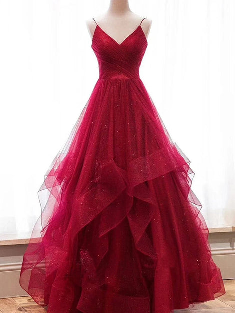 Wine Red Layers Tulle V-neckline Straps Formal Dress Evening Dress Party Dress Sa2304