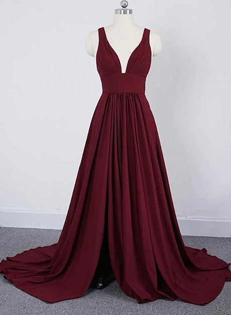 Wine Red Chiffon High Slit Long Party Dress Formal Long Straps Bridesmaid Dresses Sa2308