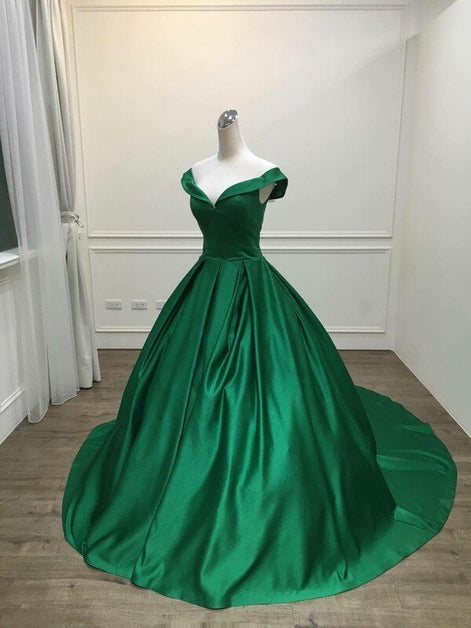 Green Satin Sweetheart Ball Gown Party Dress Off Shoulder Evening Dress Prom Dress Sa2311