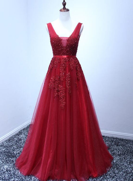 Wine Red V-neckline Tulle Long Prom Dress Floor Length Party Dress Formal Bridesmaid Dress Sa2318