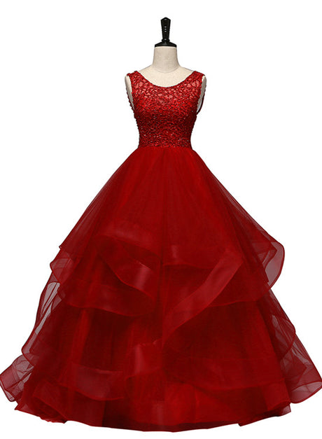 Red Tulle With Lace Layers Ball Gown Sweet 16 Dress Long Formal Dress Prom Dress Sa2322