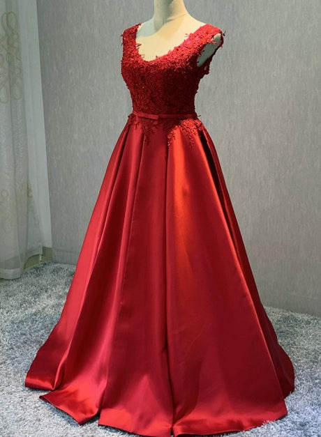 Red Satin V-neckline Floor Length Prom Dress, Backless Formal Party Dress Sa2336